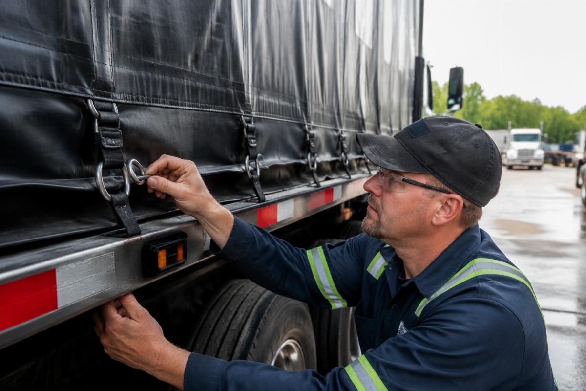 A fleet maintenance technician inspecting custom fitted D-rings on a flatbed truck tarp