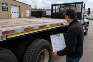 A fleet manager measuring a flatbed truck side to confirm custom tarp dimensions