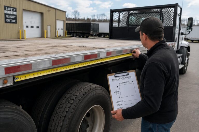A fleet manager measuring a flatbed truck side to confirm custom tarp dimensions
