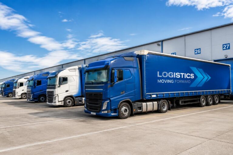 A fleet of long-haul trucks fitted with custom PVC curtain sides parked at a logistics terminal