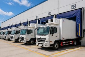 A fleet of refrigerated trucks parked at a distribution center with properly fitted insulated PVC covers