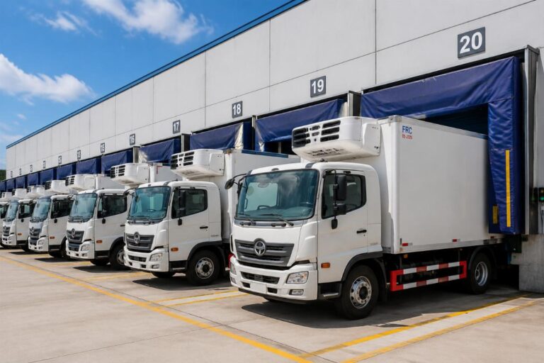 A fleet of refrigerated trucks parked at a distribution center with properly fitted insulated PVC covers