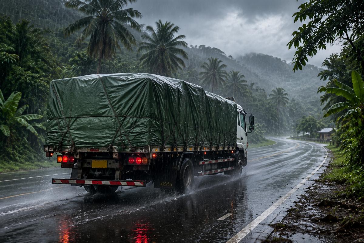 A loaded flatbed truck covered with a tight-fitting tarp driving through a tropical rainstorm