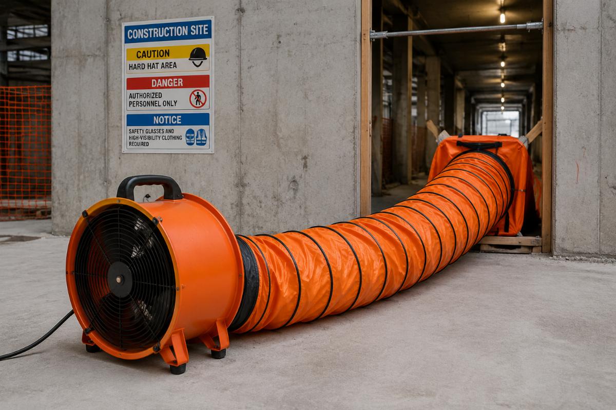 A pre-configured portable ventilation fan and duct kit deployed at a construction job site
