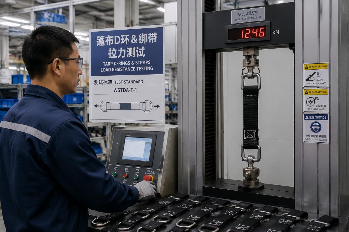 A production line worker performing load resistance testing on truck tarp D-rings and straps
