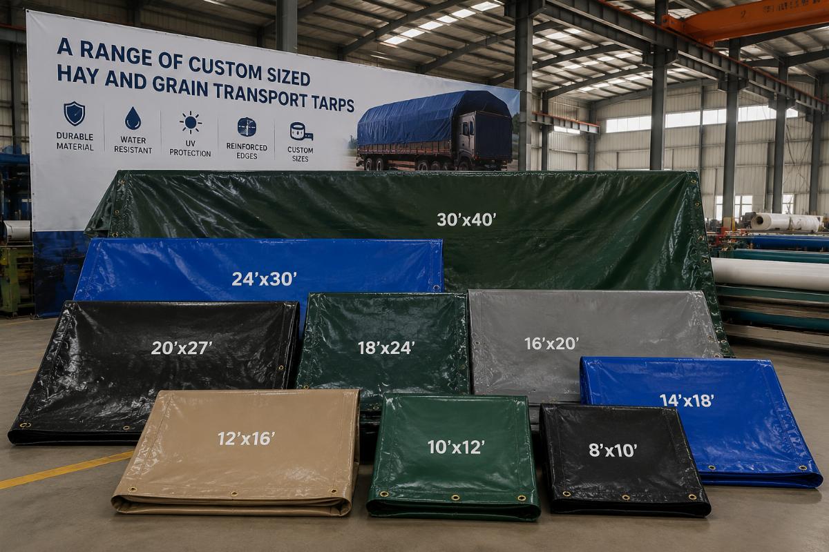 A range of custom sized hay and grain transport tarps displayed at a factory warehouse