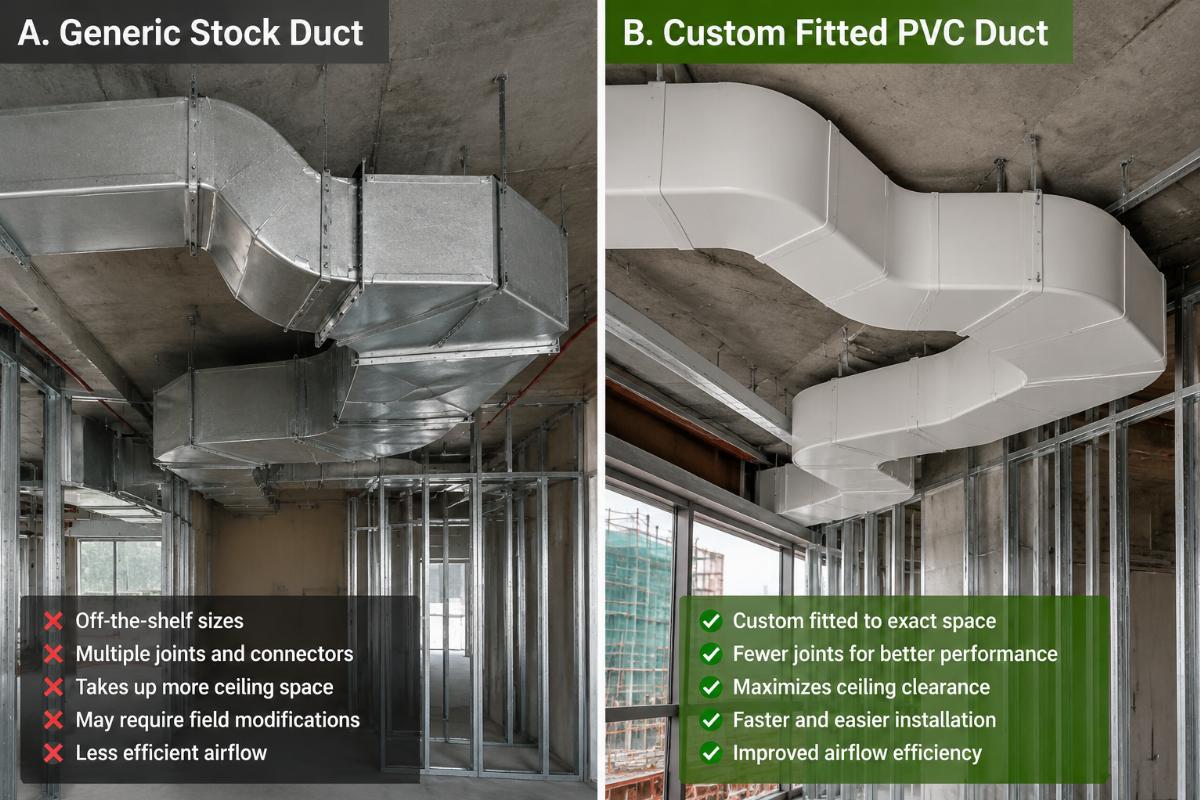 A side by side comparison of a generic stock duct and a custom fitted PVC ventilation duct at a project site