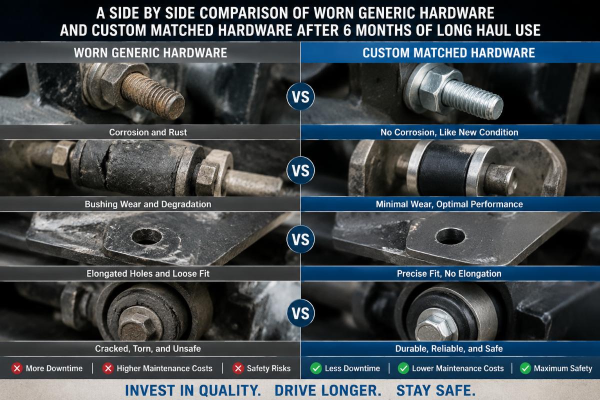 A side by side comparison of worn generic hardware and custom matched hardware after 6 months of long haul use
