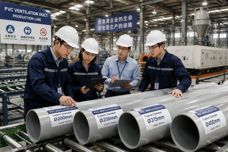 A team of procurement engineers inspecting labeled custom diameter PVC ventilation ducts at a factory production line