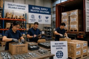 A warehouse team preparing bulk truck tarp hardware orders for international shipping