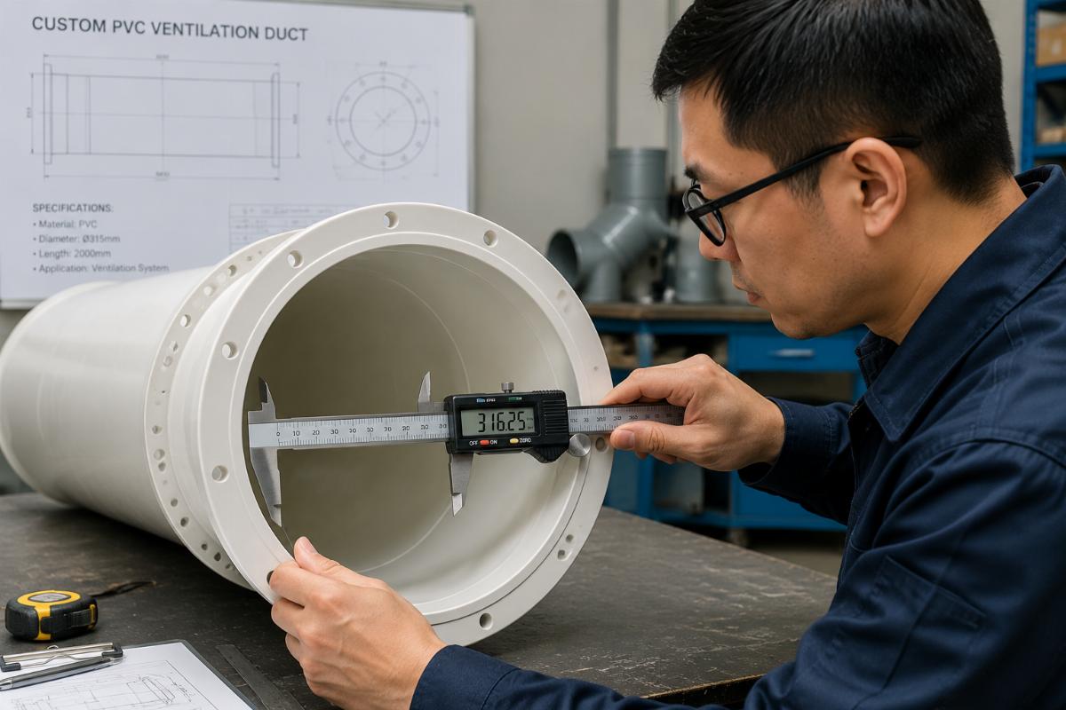 An engineer measuring the internal diameter of a custom PVC ventilation duct with a caliper tool