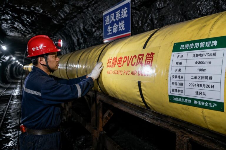 An on-site inspection of anti-static PVC air ducts installed in an underground coal mine ventilation system