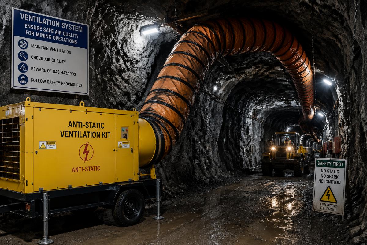 Anti-static ventilation kit operating inside an underground mining site
