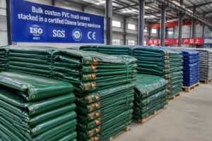 Bulk custom PVC truck covers stacked in a certified Chinese factory warehouse