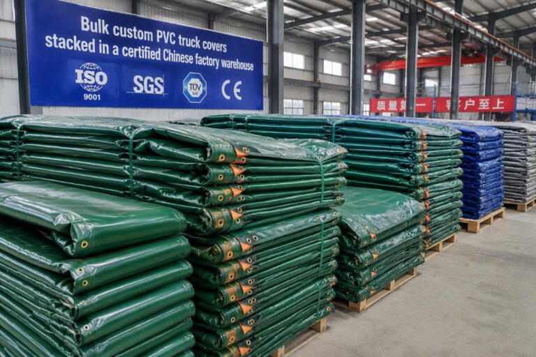 Bulk custom PVC truck covers stacked in a certified Chinese factory warehouse