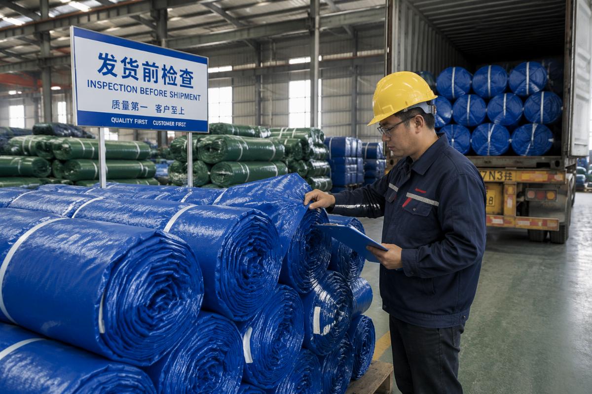 Bulk rolled tarps being inspected at a factory before shipment