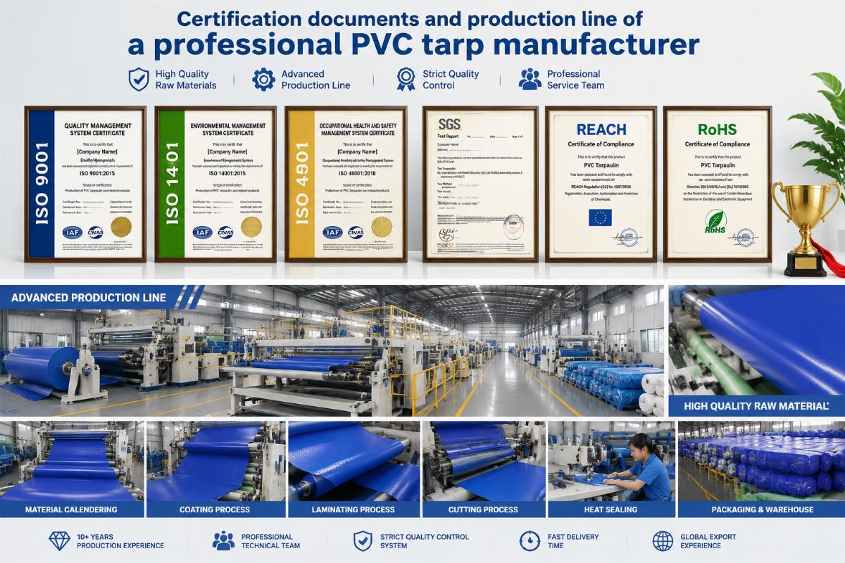 Certification documents and production line of a professional PVC tarp manufacturer