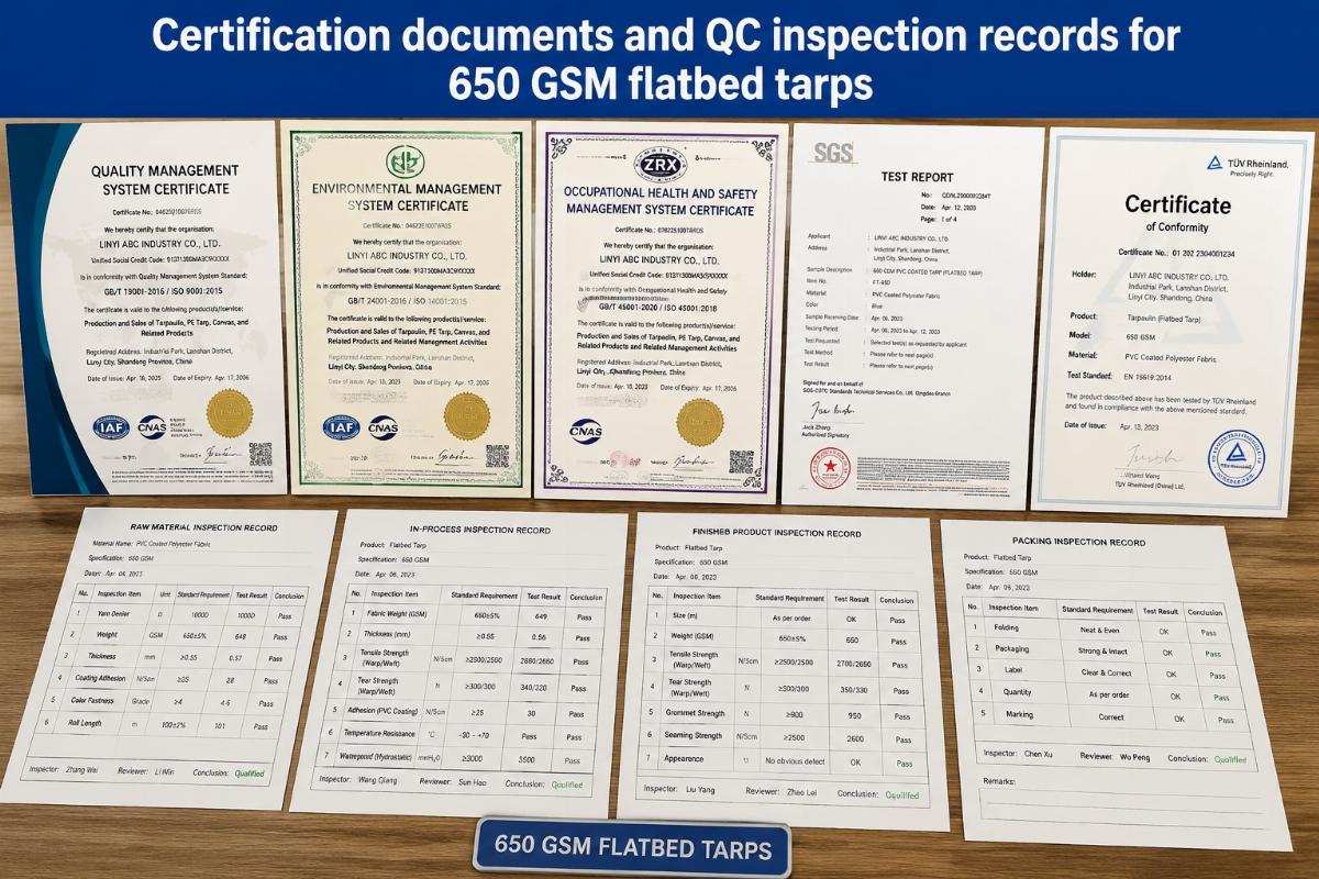 Certification documents and QC inspection records for 650 GSM flatbed tarps
