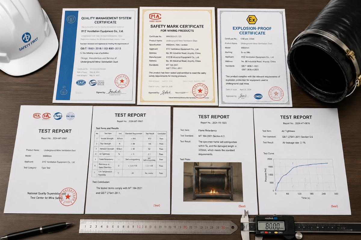 Certification documents and test reports laid out for underground mine duct compliance verification