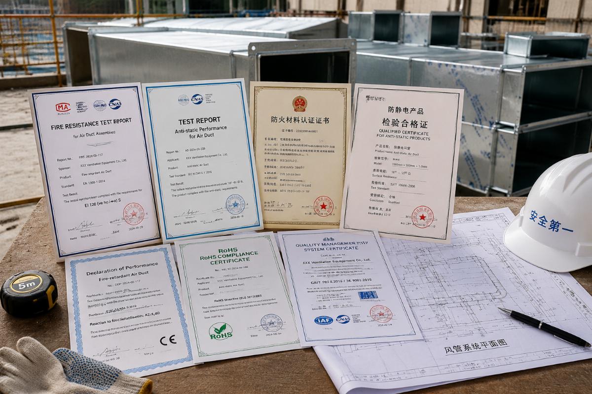 Certification documents for fire-retardant and anti-static industrial air ducts laid out on a project site desk