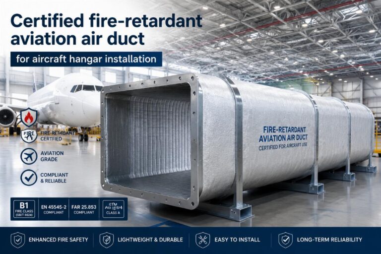 Certified fire-retardant aviation air duct for aircraft hangar installation