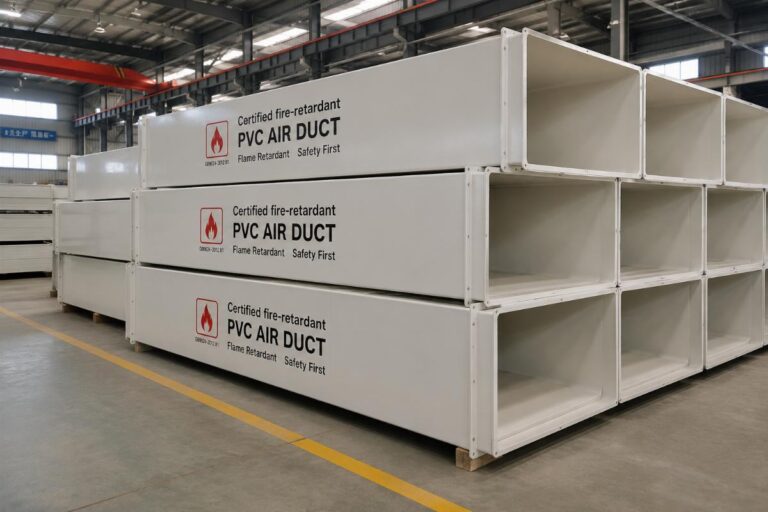 Certified fire-retardant PVC air duct stack in factory warehouse