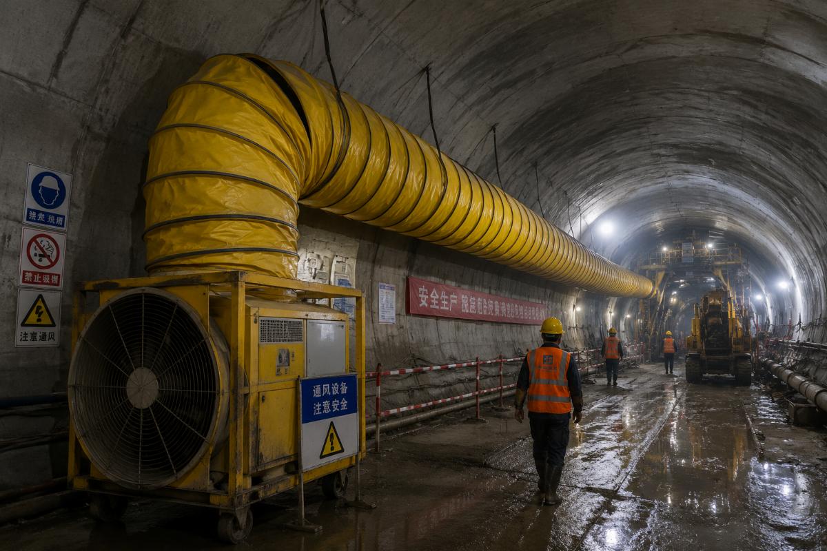 Collapsible air ducts deployed in an active tunnel construction confined space site