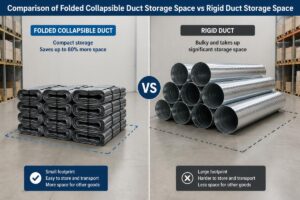 Comparison of folded collapsible duct storage space vs rigid duct storage space on a warehouse floor
