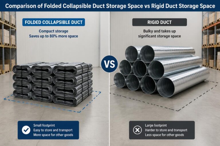 Comparison of folded collapsible duct storage space vs rigid duct storage space on a warehouse floor