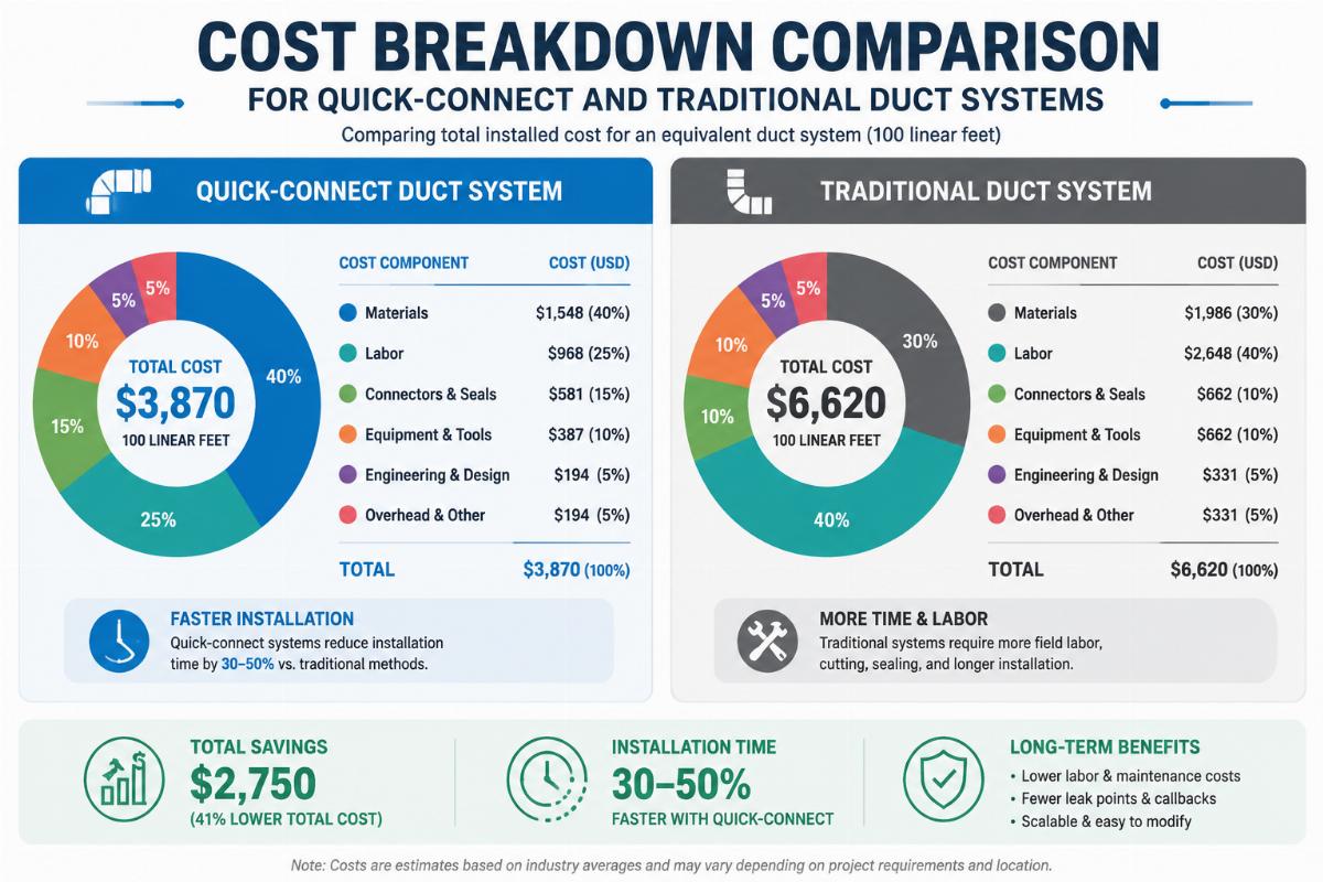 Cost breakdown comparison infographic for quick-connect and traditional duct systems