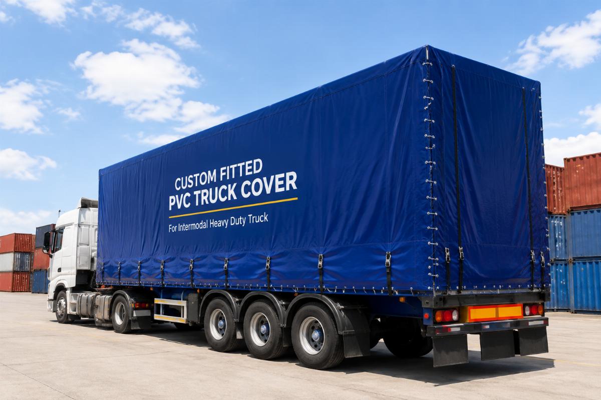 Custom fitted PVC truck cover installed on intermodal heavy duty truck
