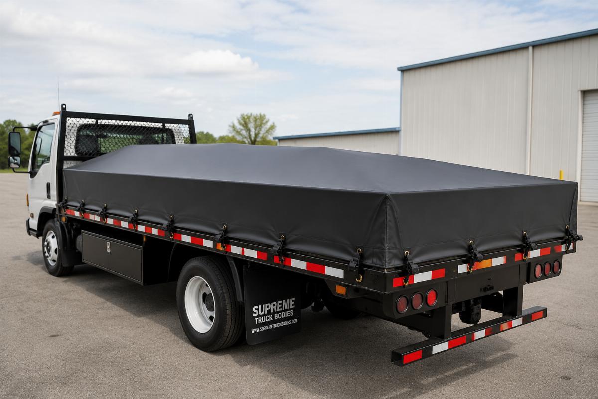 Custom fitted tarp secured to a flatbed truck with no excess fabric rubbing on frame edges