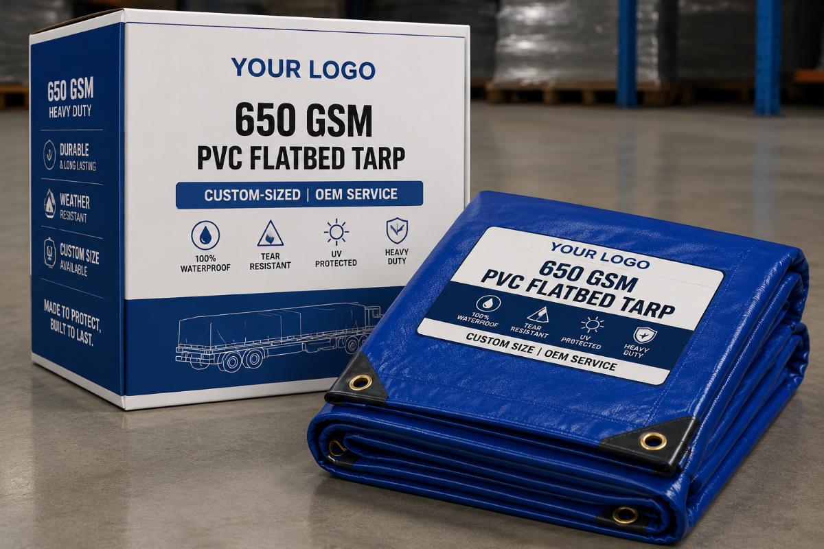 Custom-sized 650 GSM PVC flatbed tarps with OEM branded packaging