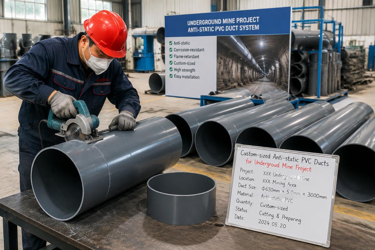 Custom-sized anti-static PVC ducts being cut and prepared for a specific underground mine project