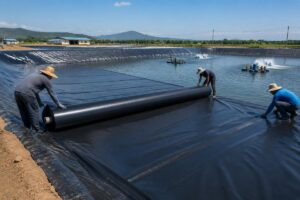 Custom-sized anti-UV fish farm pond liner being rolled out for a large aquaculture farm