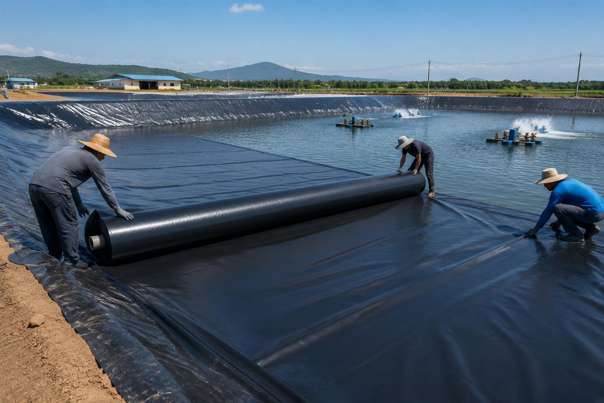 Custom-sized anti-UV fish farm pond liner being rolled out for a large aquaculture farm