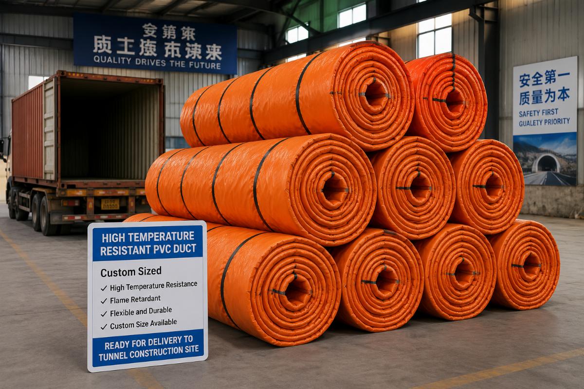 Custom sized high temperature resistant PVC duct rolled and ready for delivery to tunnel construction site