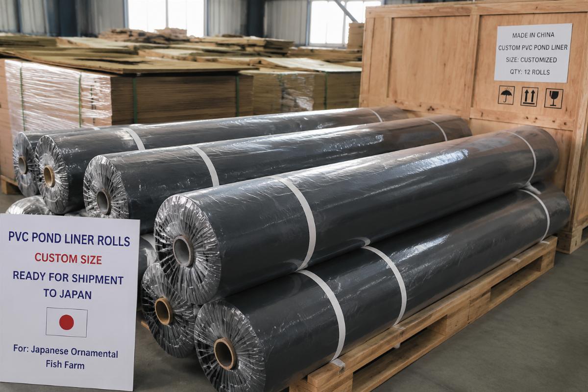 Custom sized PVC pond liner rolls ready for shipment to a small Japanese ornamental fish farm