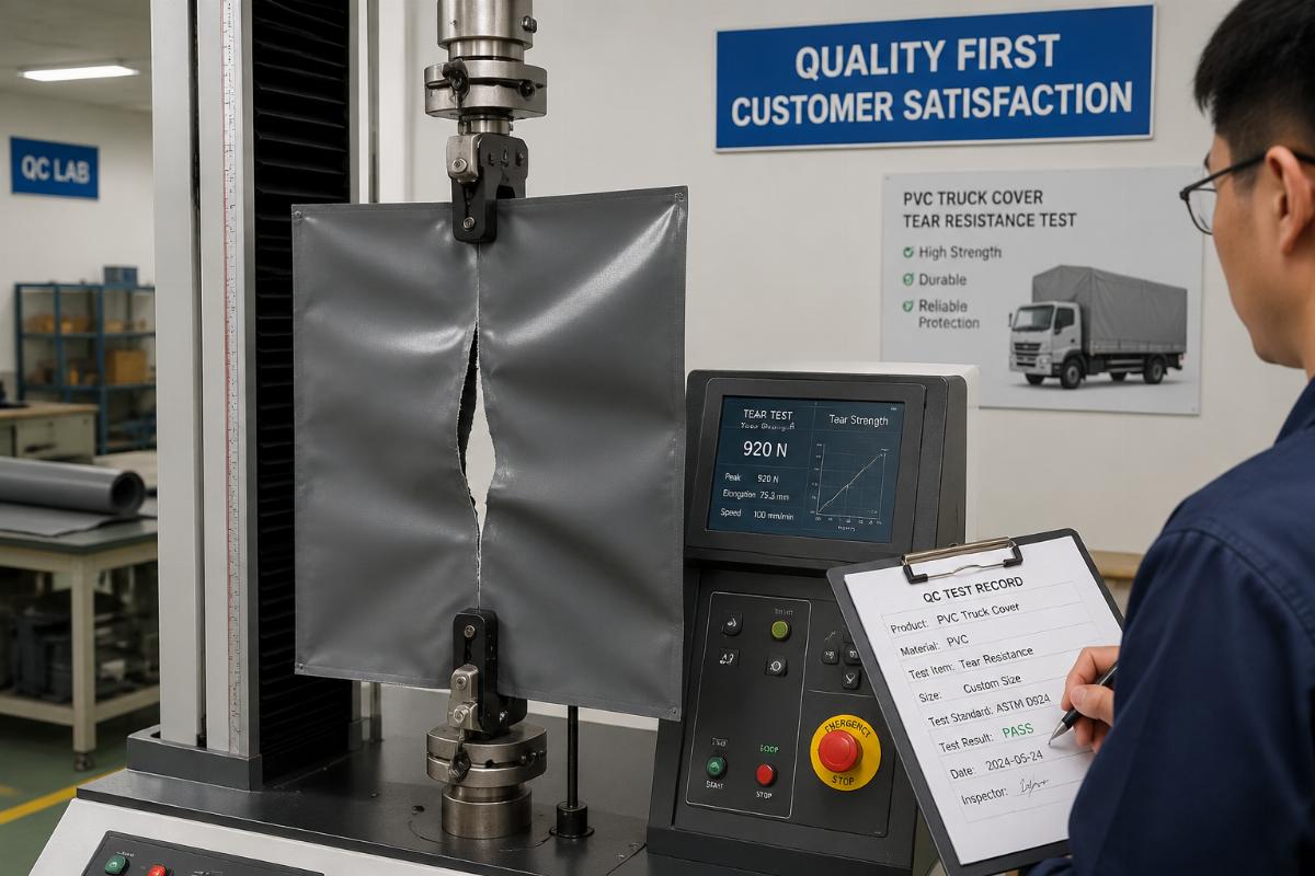 Custom sized PVC truck cover being tested for tear resistance in a factory QC lab