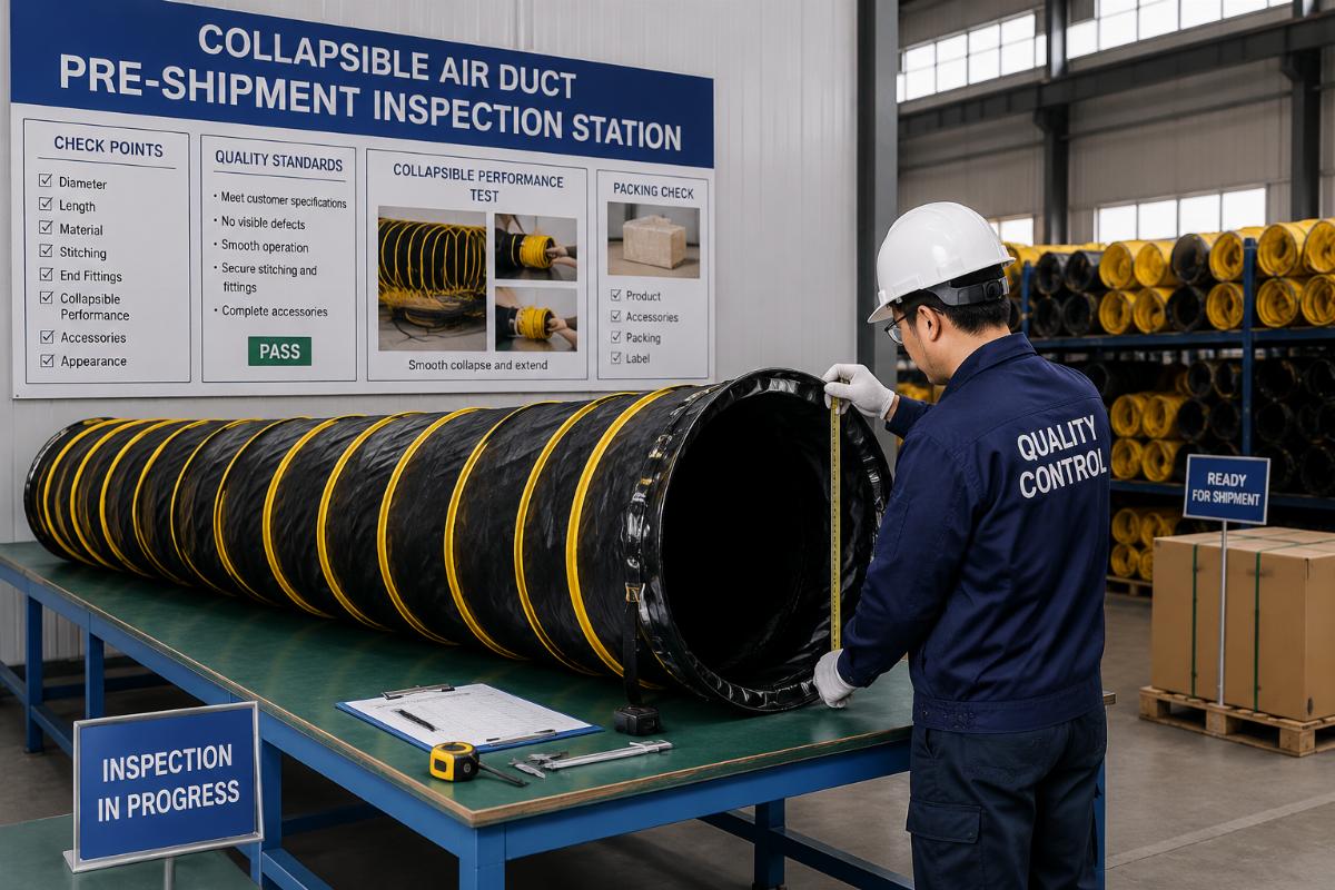 Factory inspection station for collapsible air ducts during pre-shipment quality checks
