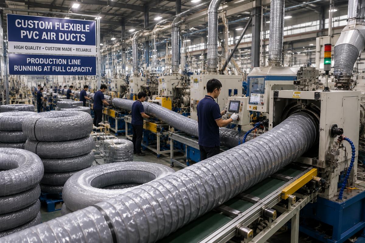 Factory production line for custom flexible PVC air ducts running at full capacity