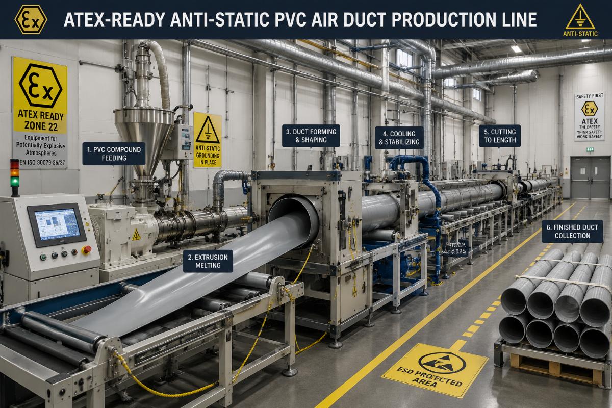 Factory production line running ATEX-ready anti-static PVC air duct manufacturing processes