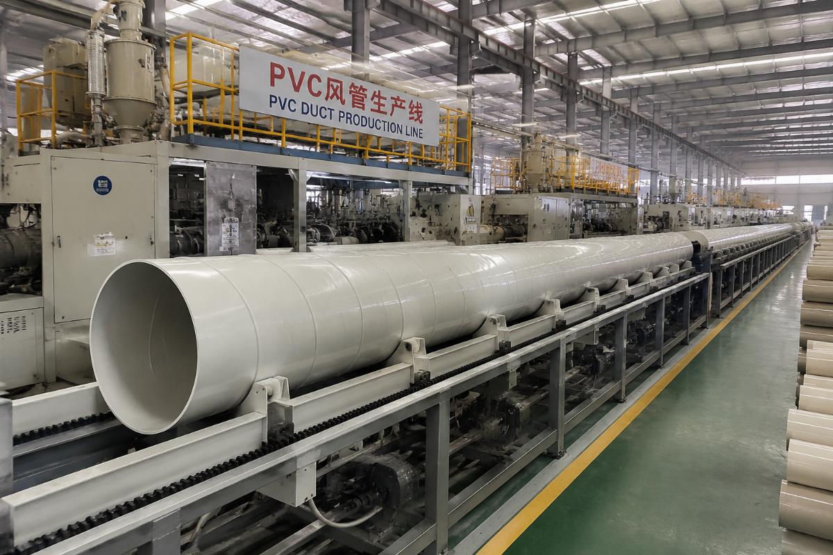 Factory production line running custom length PVC industrial air ducts for bulk order fulfillment