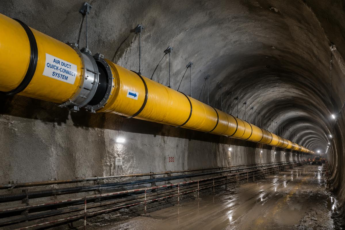 Finished quick-connect air duct system installed in an underground tunneling site
