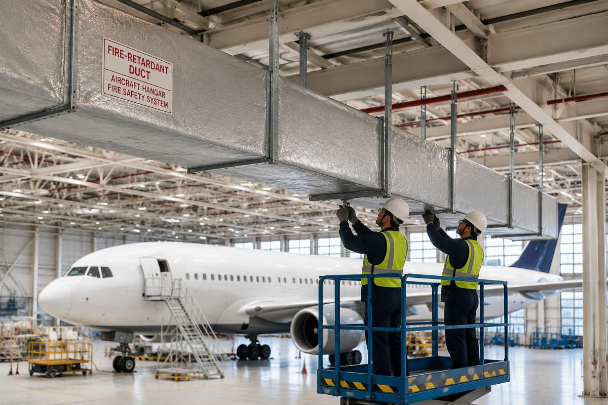 Fire-retardant duct installation in an aircraft hangar