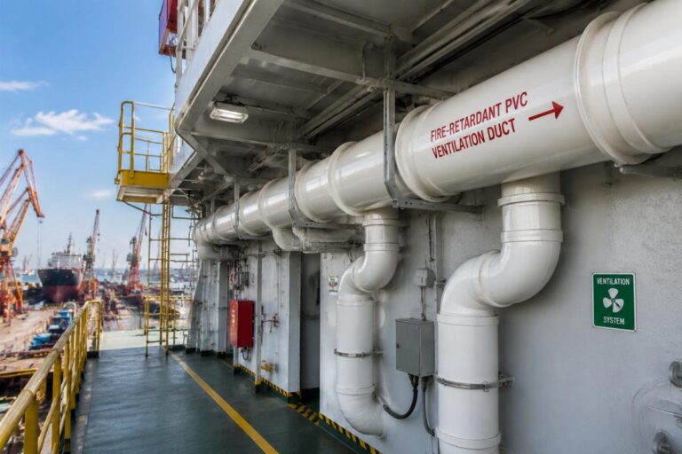 Fire-retardant PVC ventilation ducts installed on a shipyard platform
