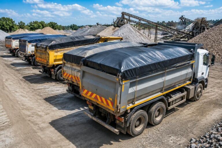 Fleet tipper trucks loaded with sand and aggregate fitted with heavy-duty PVC covers