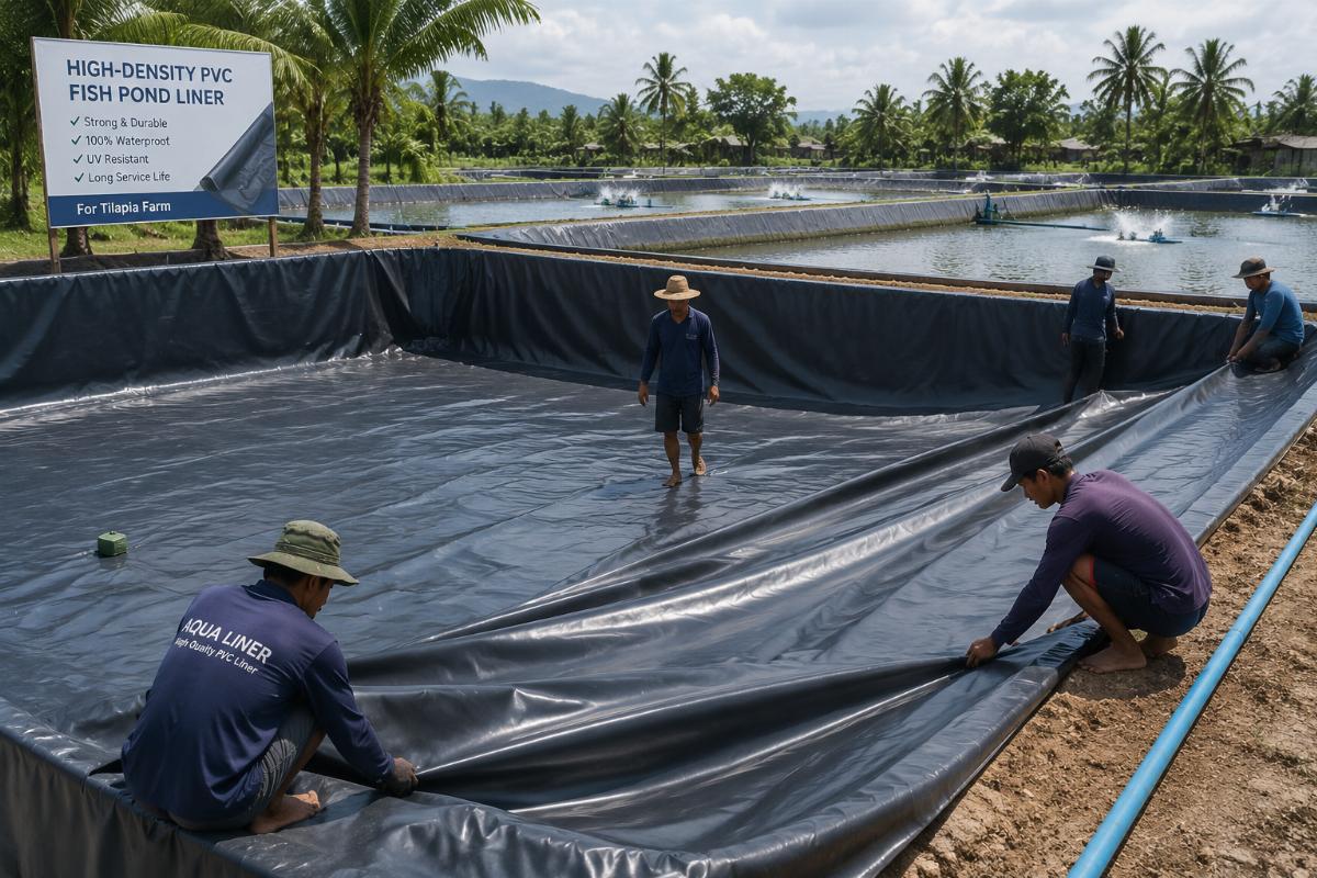 High-density PVC fish pond liner being installed in a large tilapia farm in Southeast Asia