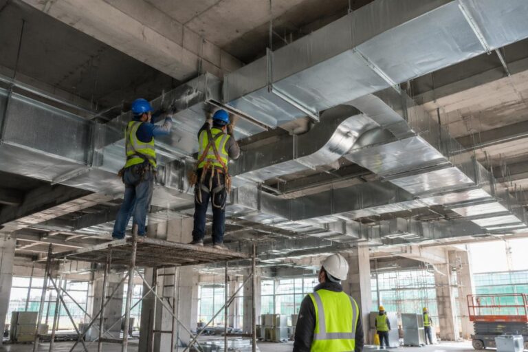 Industrial ventilation duct installation on a construction site