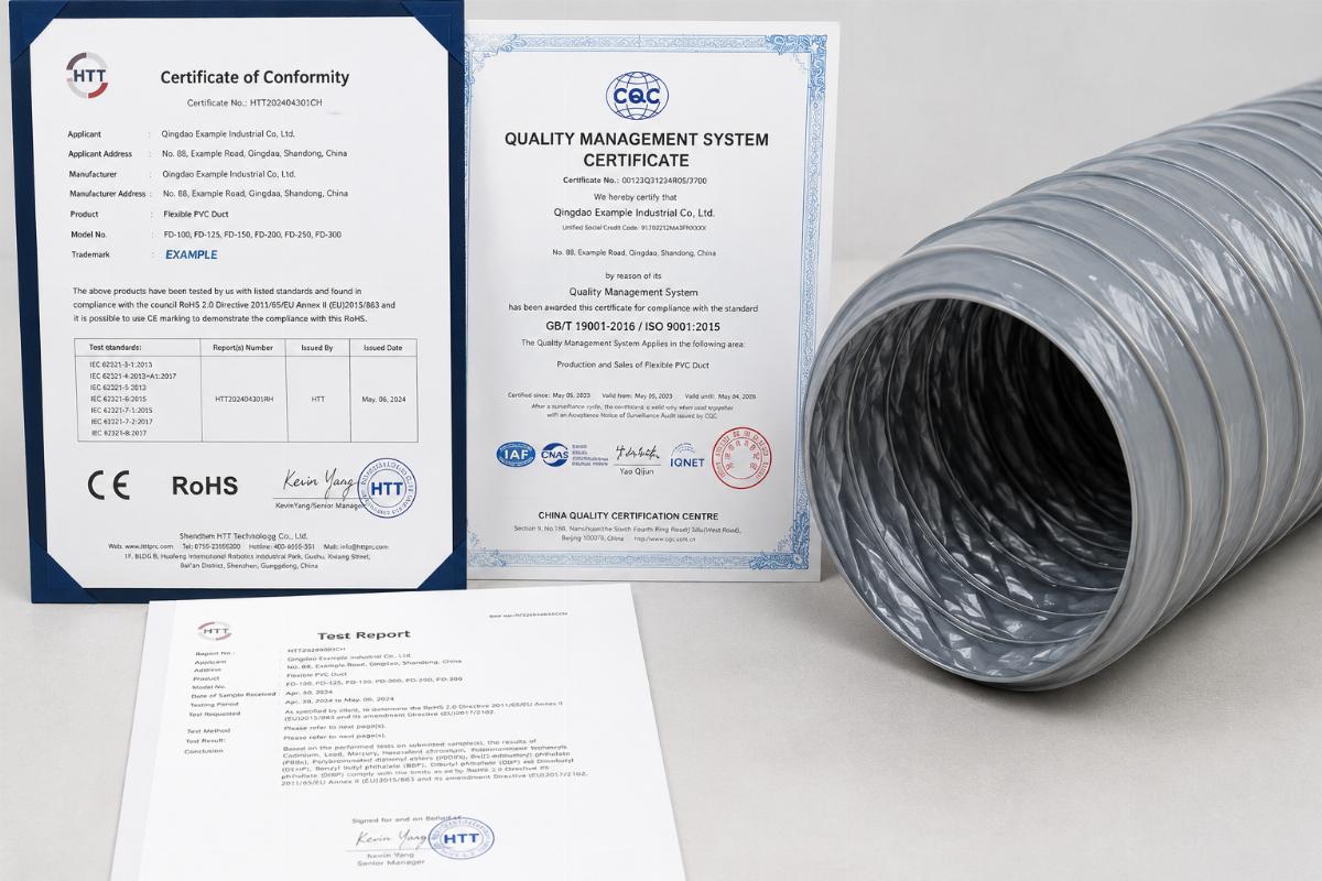 Official certification documentation laid out next to rolled flexible PVC duct